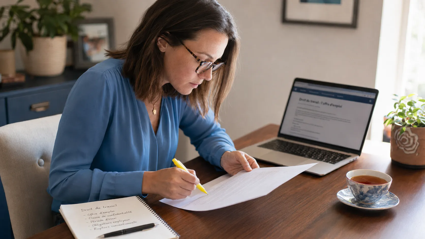 Candidate lisant attentivement sa promesse d'embauche ecrite avec annotations au crayon dans un bureau lumineux