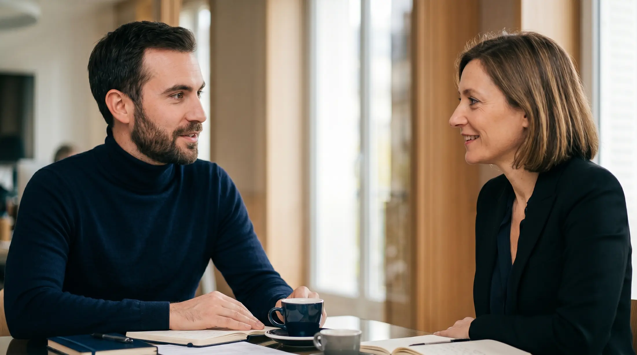 Candidat posant des questions reflechies a son recruteur en fin d'entretien dans une salle de reunion moderne