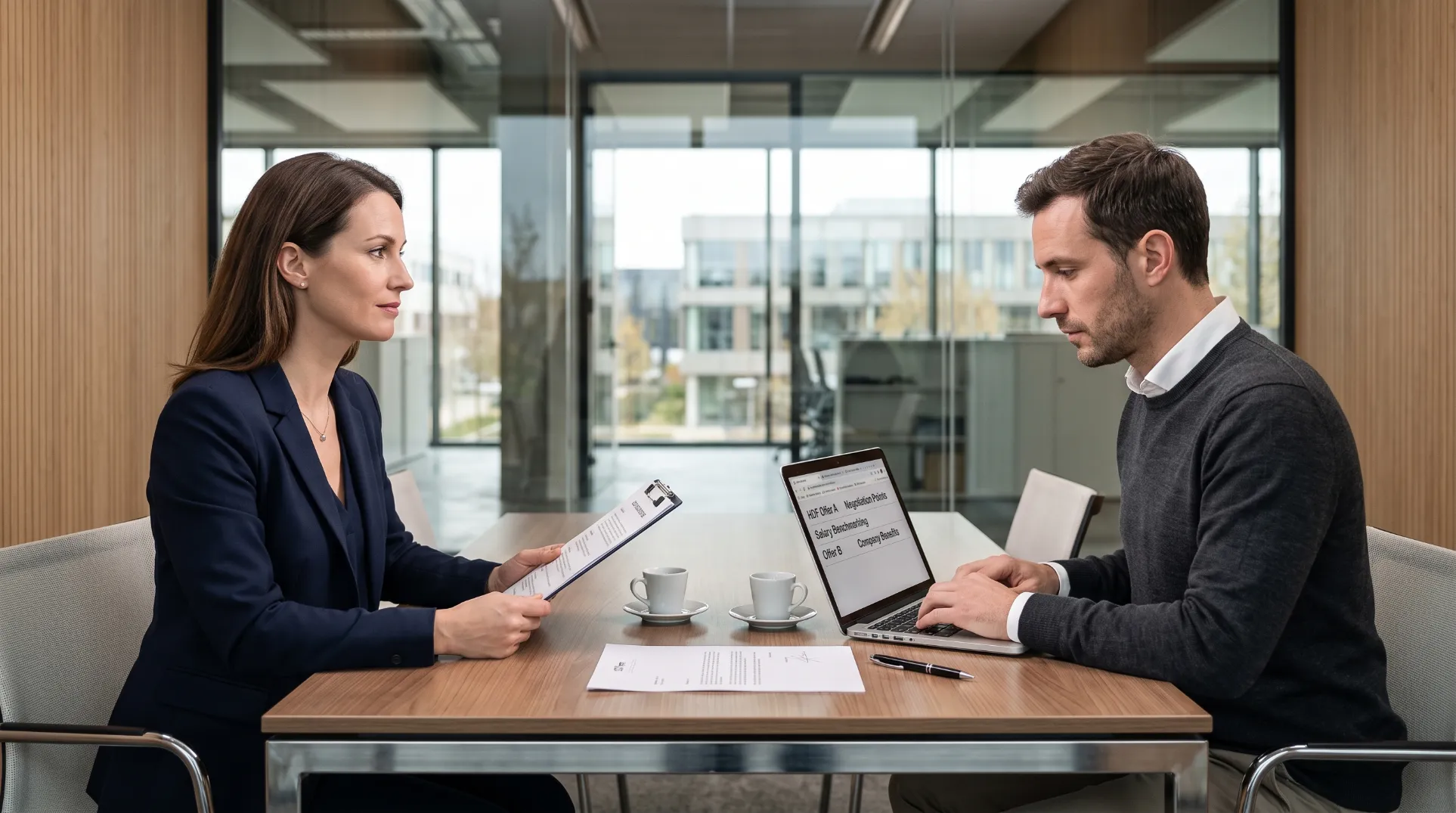 Negociation salariale entre un recruteur et un candidat dans un bureau moderne avec contrat pose sur la table
