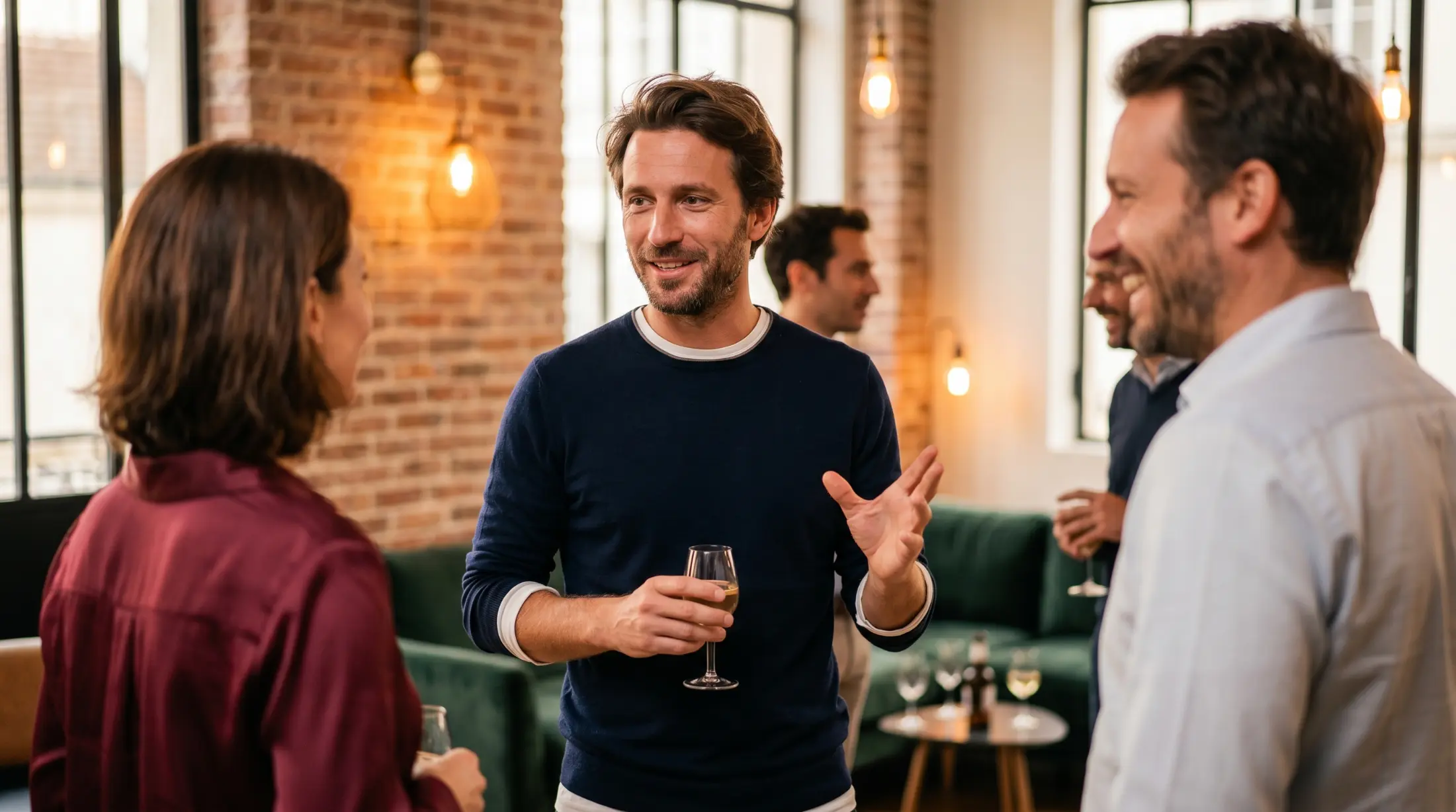 Recruteur independant en reunion reseau avec plusieurs contacts professionnels dans un espace de coworking parisien
