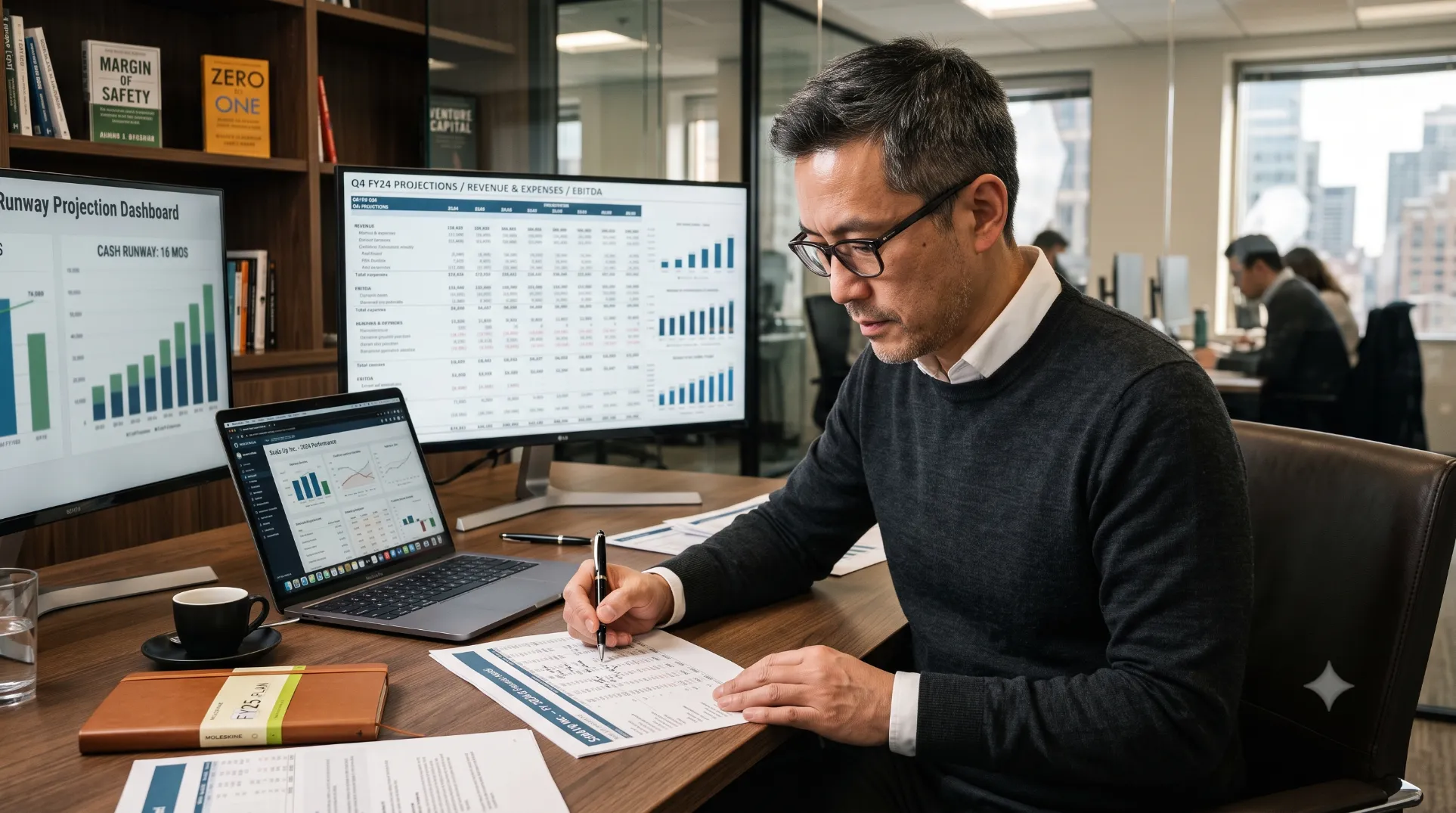 CFO en session de modelisation financiere avec Google Sheets ouvert sur plusieurs ecrans dans un bureau moderne