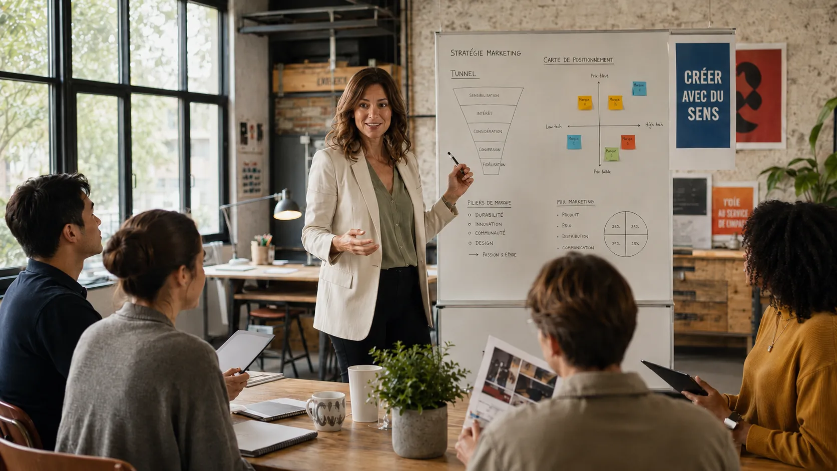 CMO en session de strategie avec son equipe marketing devant un mur de dashboards d'acquisition