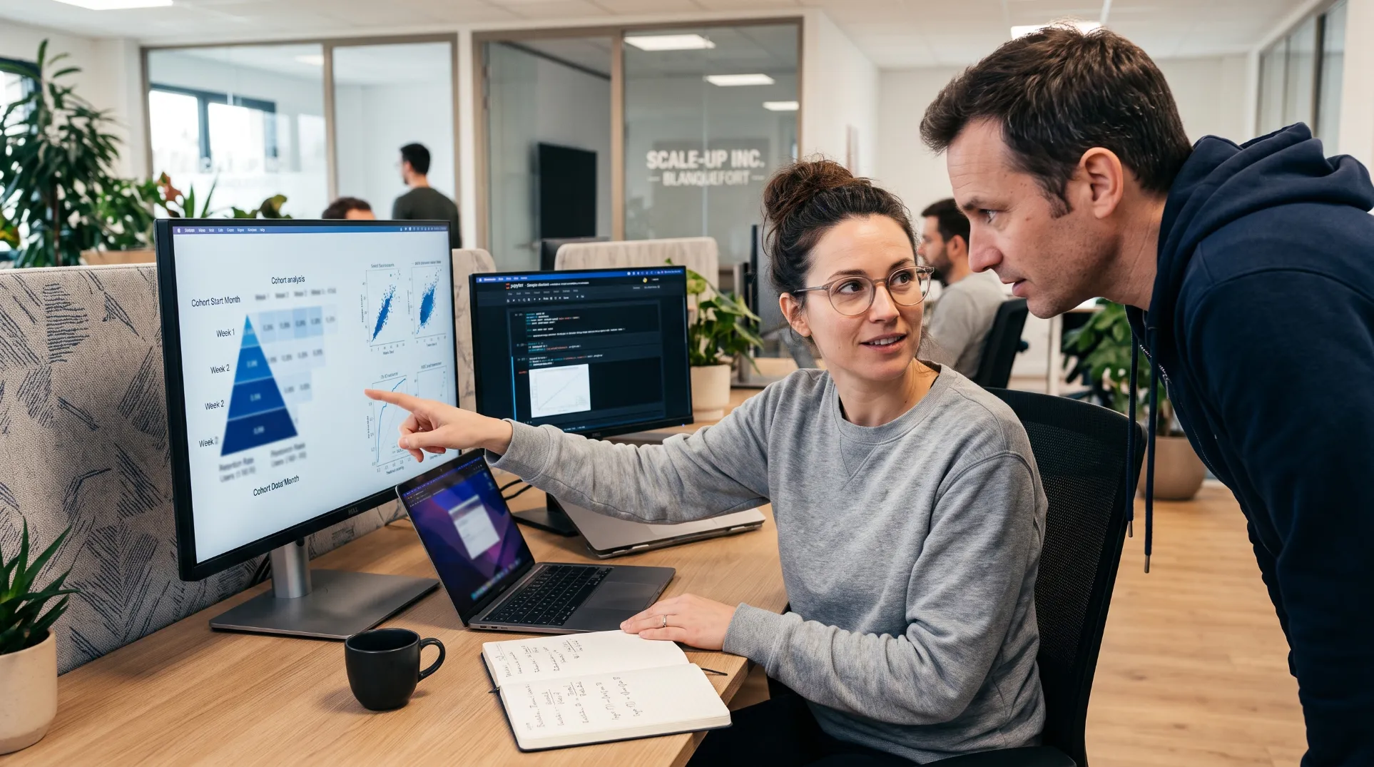 Data Scientist senior en revue de modele avec une equipe produit devant plusieurs ecrans de dashboards analytiques