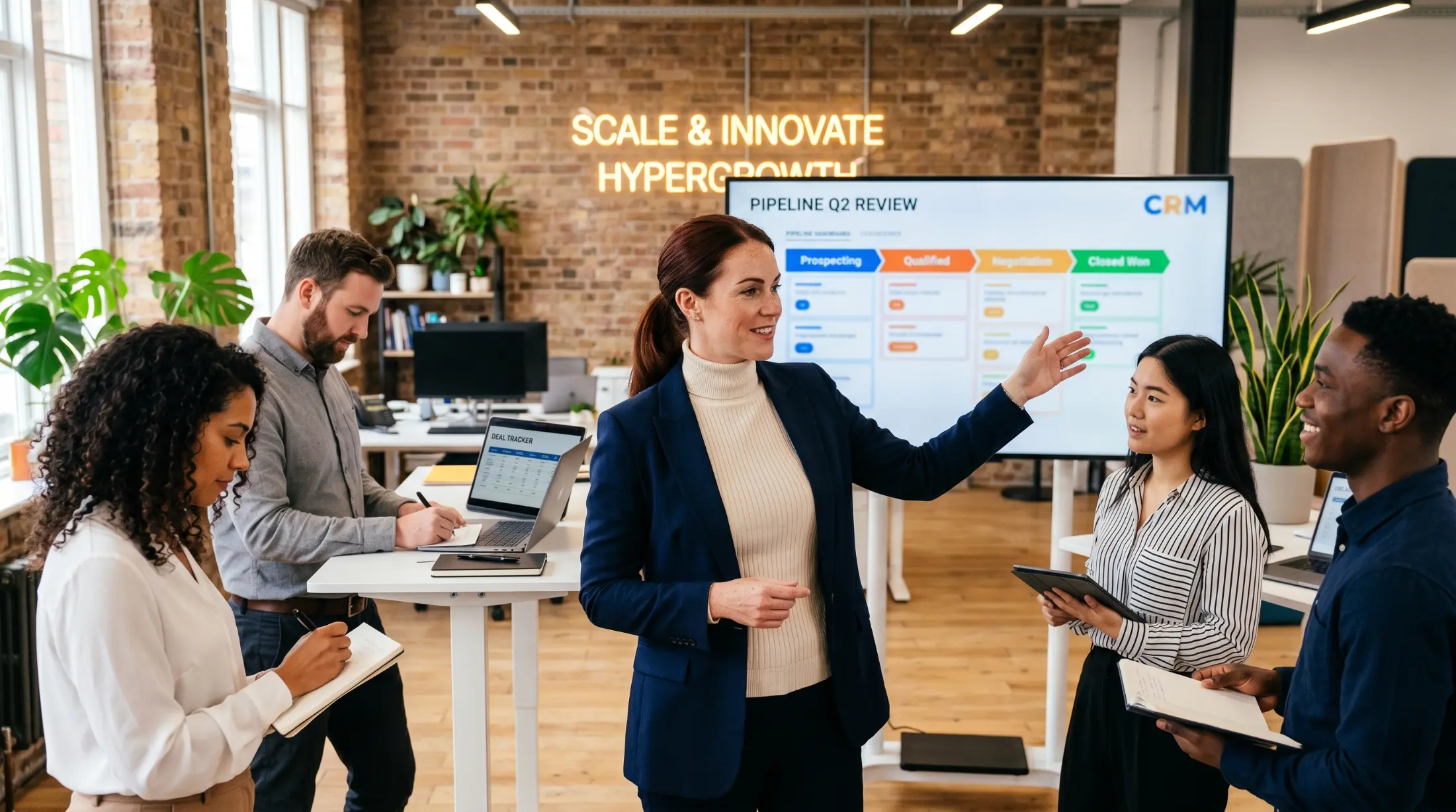 Head of Sales en point commercial avec son equipe devant un tableau de pipeline dans un bureau moderne
