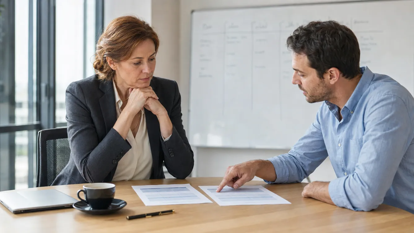 Dirigeante et responsable RH comparant les options pour recruter sans embaucher dans une salle de reunion