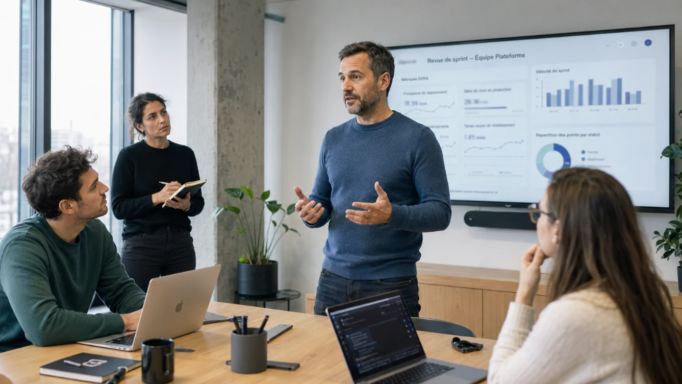 VP Engineering en revue d'equipe avec plusieurs tech leads devant un tableau des sprints dans un bureau moderne