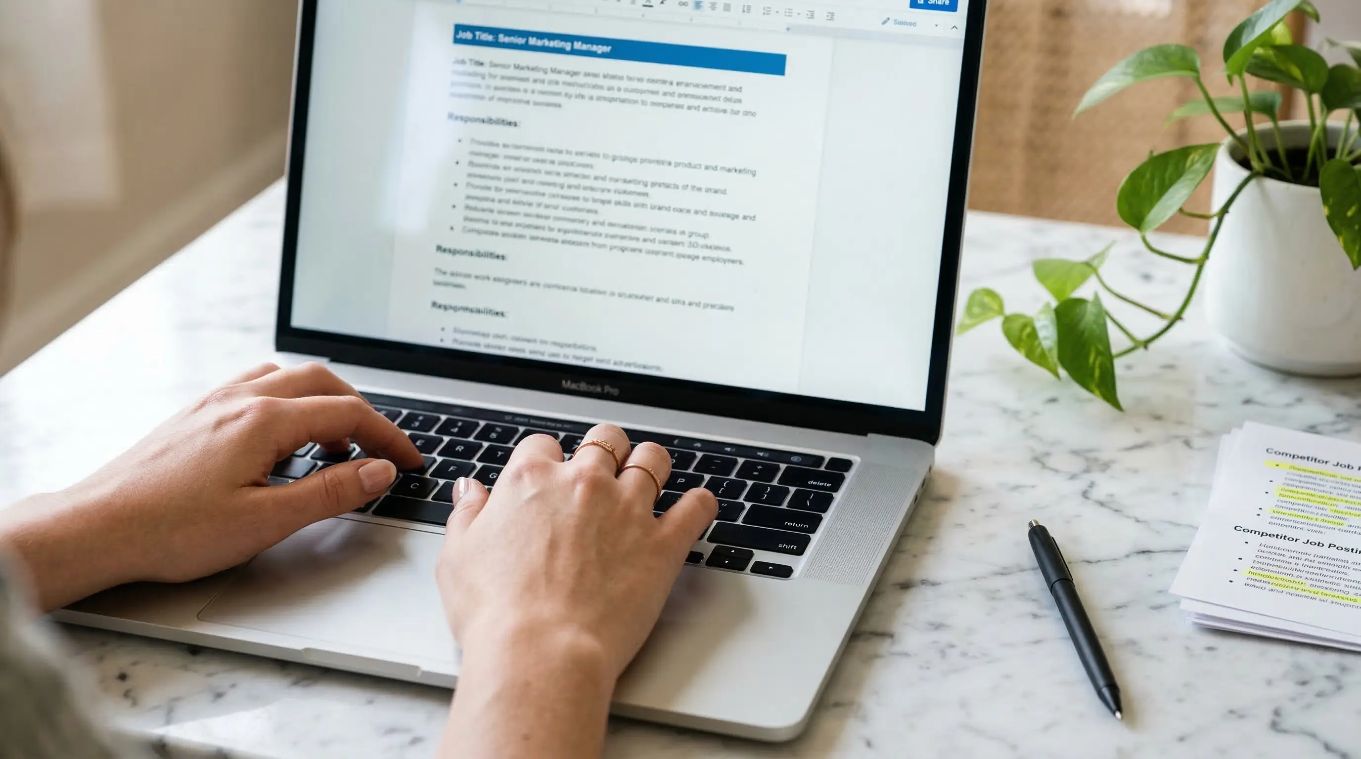 Mains redigeant une fiche de poste sur un ordinateur portable, focus sur la redaction soignee