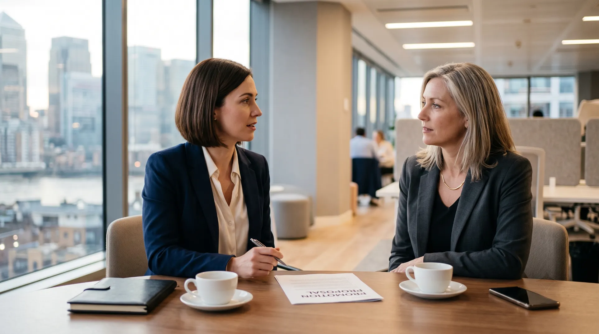 Collaboratrice en reflexion face a une proposition de promotion lors d'une reunion avec son manager