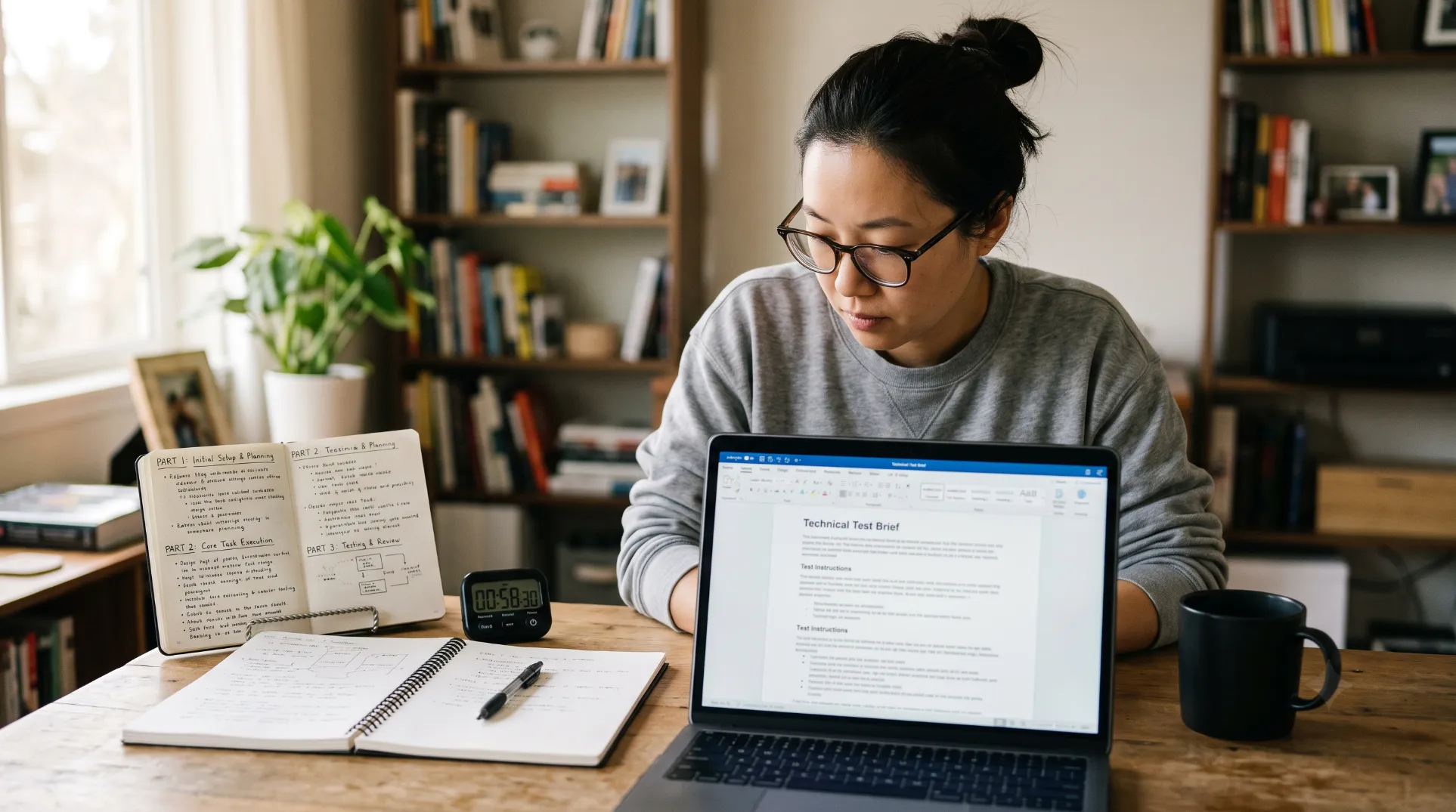 Candidate travaillant sur son test technique a domicile avec ordinateur documents et cafe dans un espace lumineux
