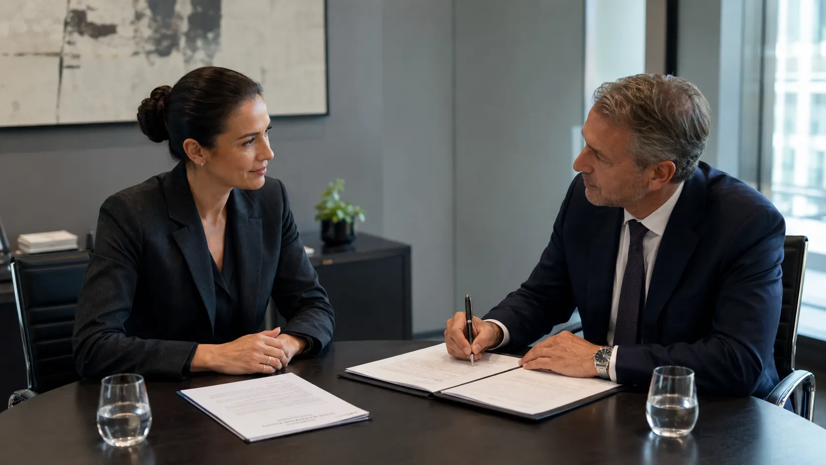 Collaboratrice signant un document de rupture conventionnelle avec son manager dans un bureau calme