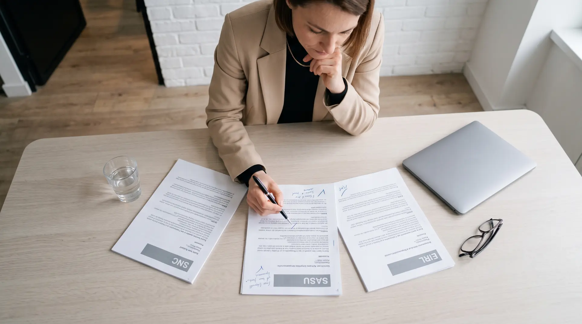 Recruteur independant comparant les statuts juridiques micro EURL et SASU sur des documents administratifs